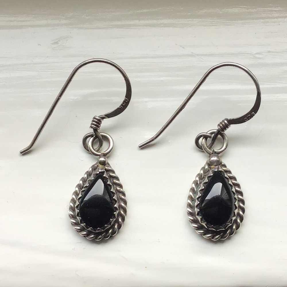Sterling Silver & Black Onyx Vintage Drop Pierced Earrings